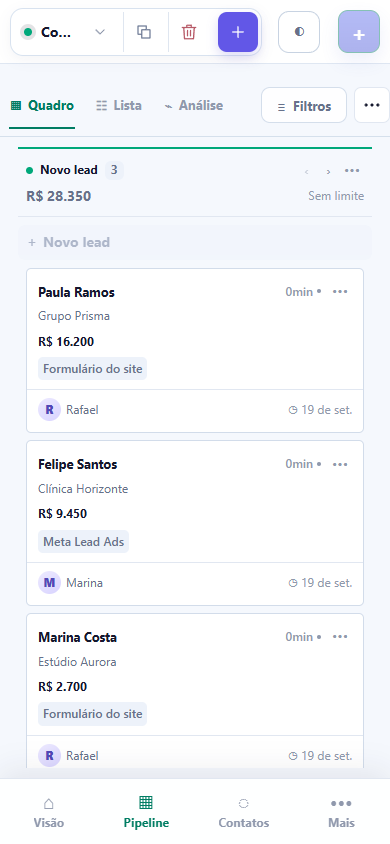 Tela real do funil do SoftSales em celular
